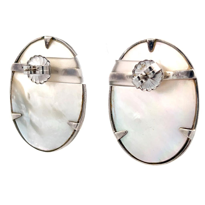 Estate Sterling Silver Mother of Pearl & Marcasite Oval Stud Earrings