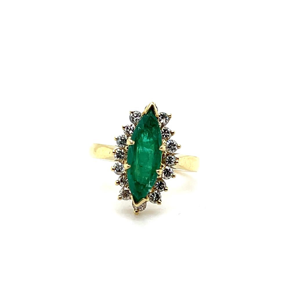 Estate 18K Yellow Gold 1.82ctw Marquise Emerald & Diamond Halo Ring