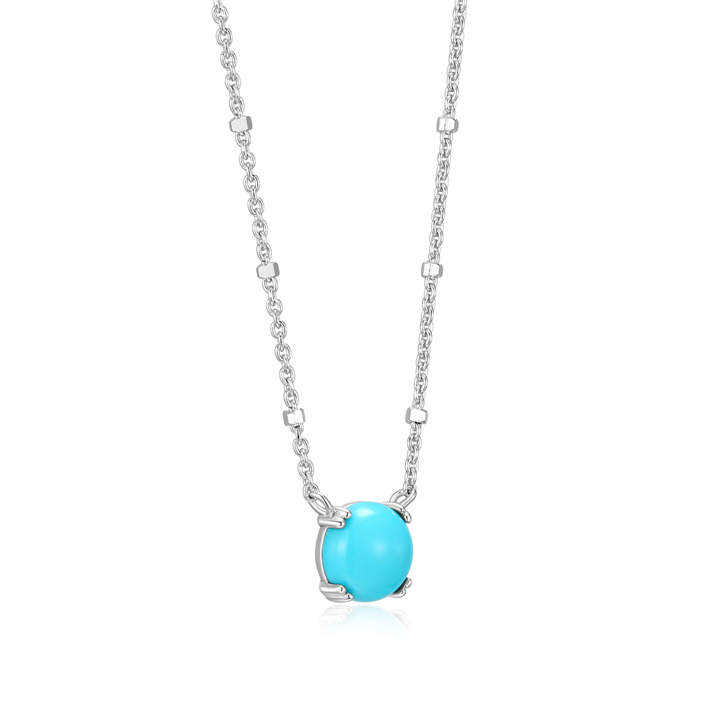 Sterling Silver Rhodium Plated Round Sleeping Beauty Turquoise Sparkle Solitaire with 18" Chain