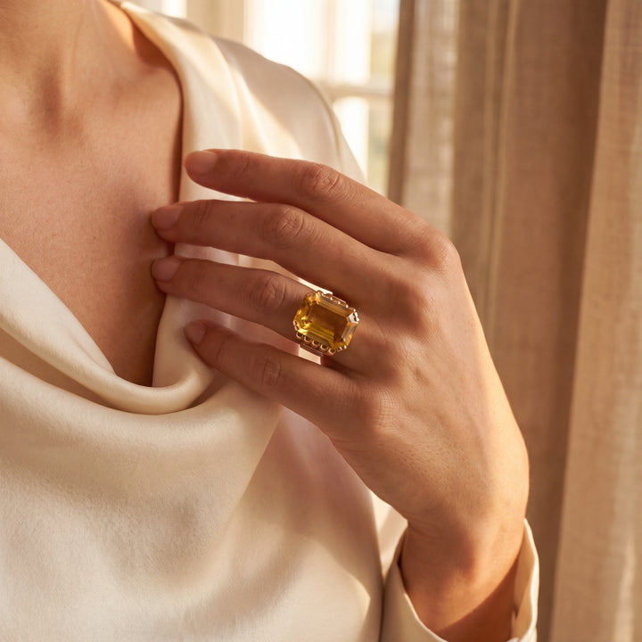 Estate 14K Yellow Gold 21.63 CT Emerald-Cut Citrine Solitaire Vintage Ring