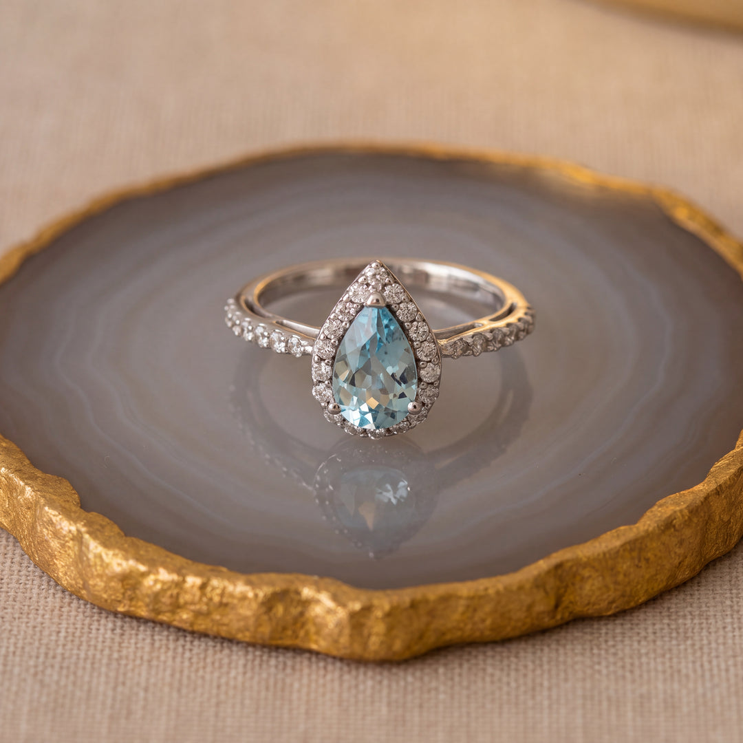 Estate Sterling Silver Pear Blue Topaz & Cubic Zirconia Cluster Ring