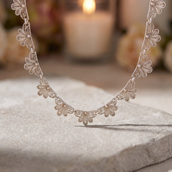 Estate Sterling Silver Floral Filigree Link Necklace