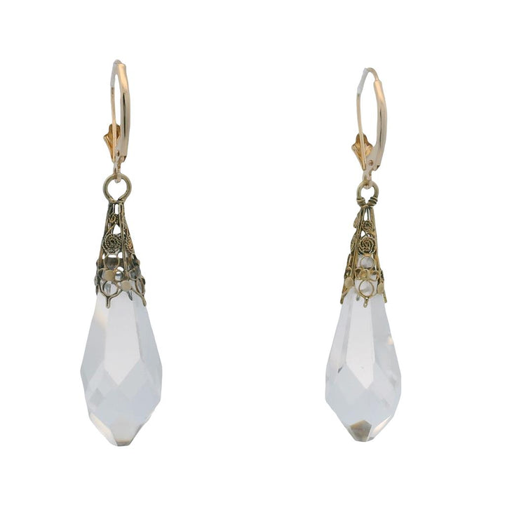 Estate 14K Yellow Gold Rock Crystal Briolette Drop Earrings - Lever Back