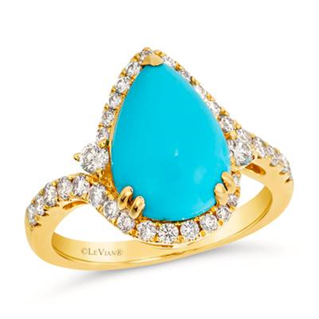 14K Yellow Gold 3.82ctw Pear Turquoise & Nude Diamond Halo Ring by Le Vian