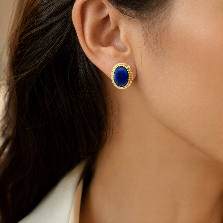 Estate 1960s 14K Yellow Gold Oval Cabochon Lapis Lazuli Stud Earrings