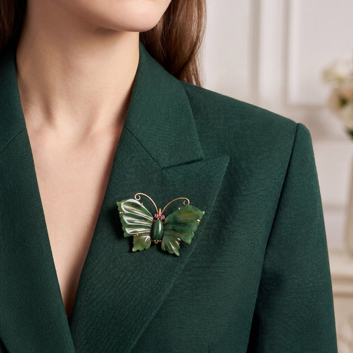 Estate 14K Yellow Gold Nephrite Jade Vintage Butterfly Brooch