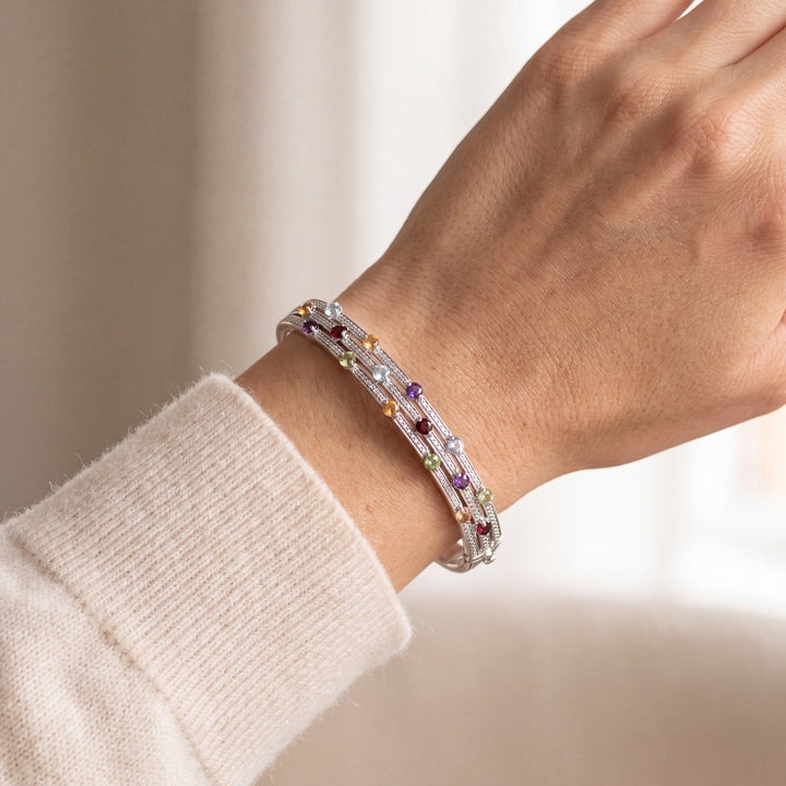 Estate Sterling Silver Diamond & Multi-Stone Hinged Bangle