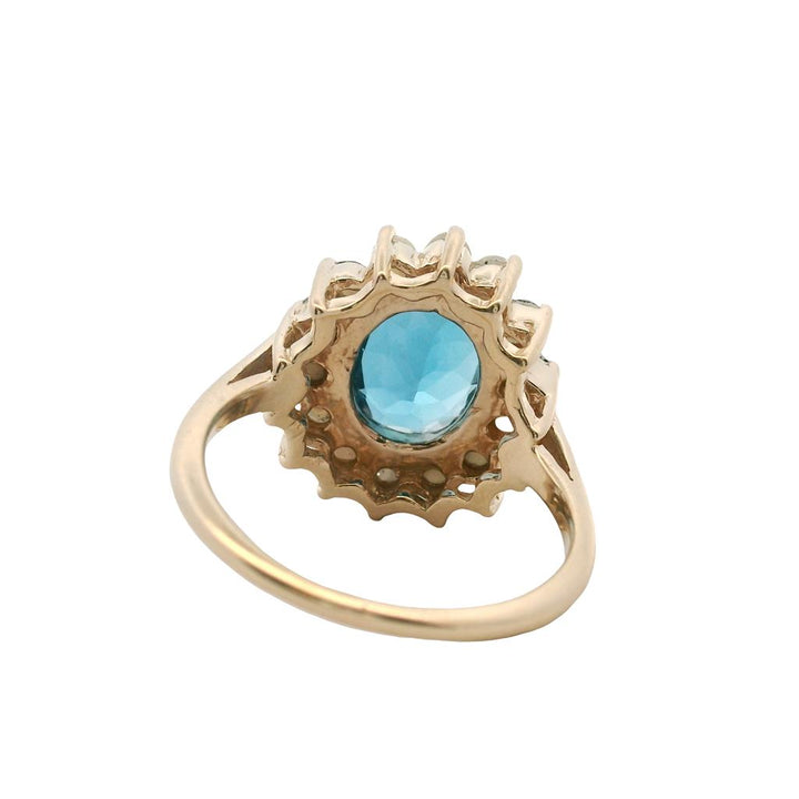 Estate 14K Yellow Gold Blue Topaz Pearl Halo Ring