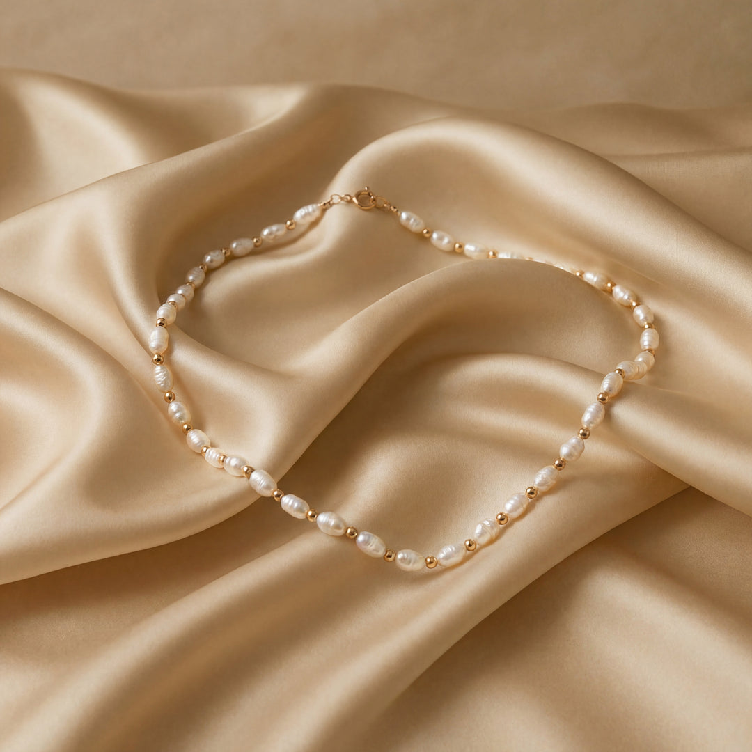 Estate 14K Yellow Gold Bead and Natural Rice Pearl Necklace