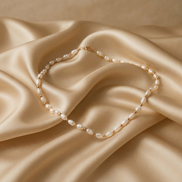 Estate 14K Yellow Gold Bead and Natural Rice Pearl Necklace