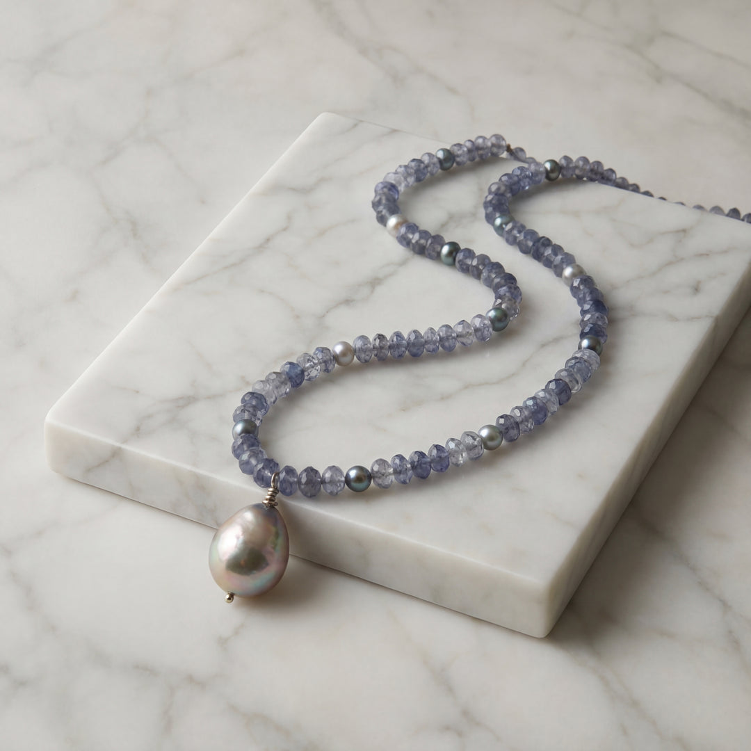 Estate Sterling Silver Iolite Bead & Freshwater Pearl Drop Necklace