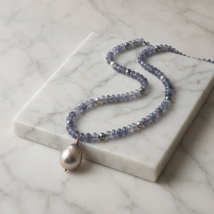 Estate Sterling Silver Iolite Bead & Freshwater Pearl Drop Necklace