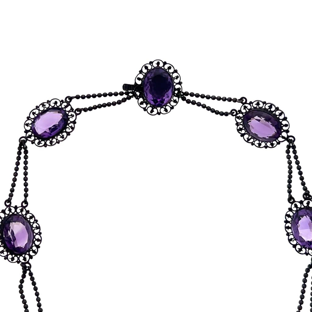Antique Sterling Silver Amethyst Festoon Necklace - Victorian Gemstone Statement Piece