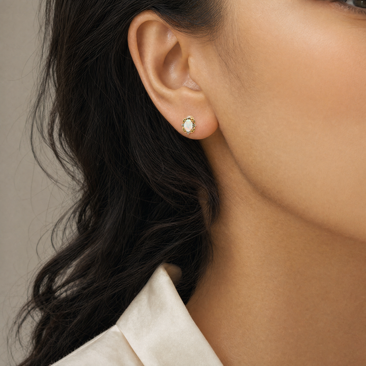 Estate 14K Yellow Gold 1.06CTW Oval Opal & Diamond Stud Earrings