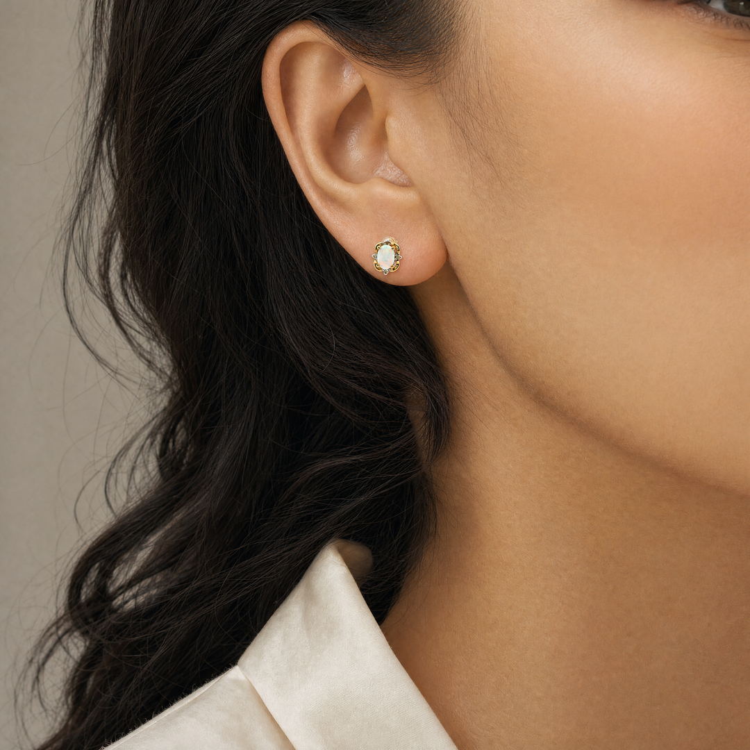 Estate 14KT Yellow Gold Oval Opal & Diamond Studs, ca. 1990's