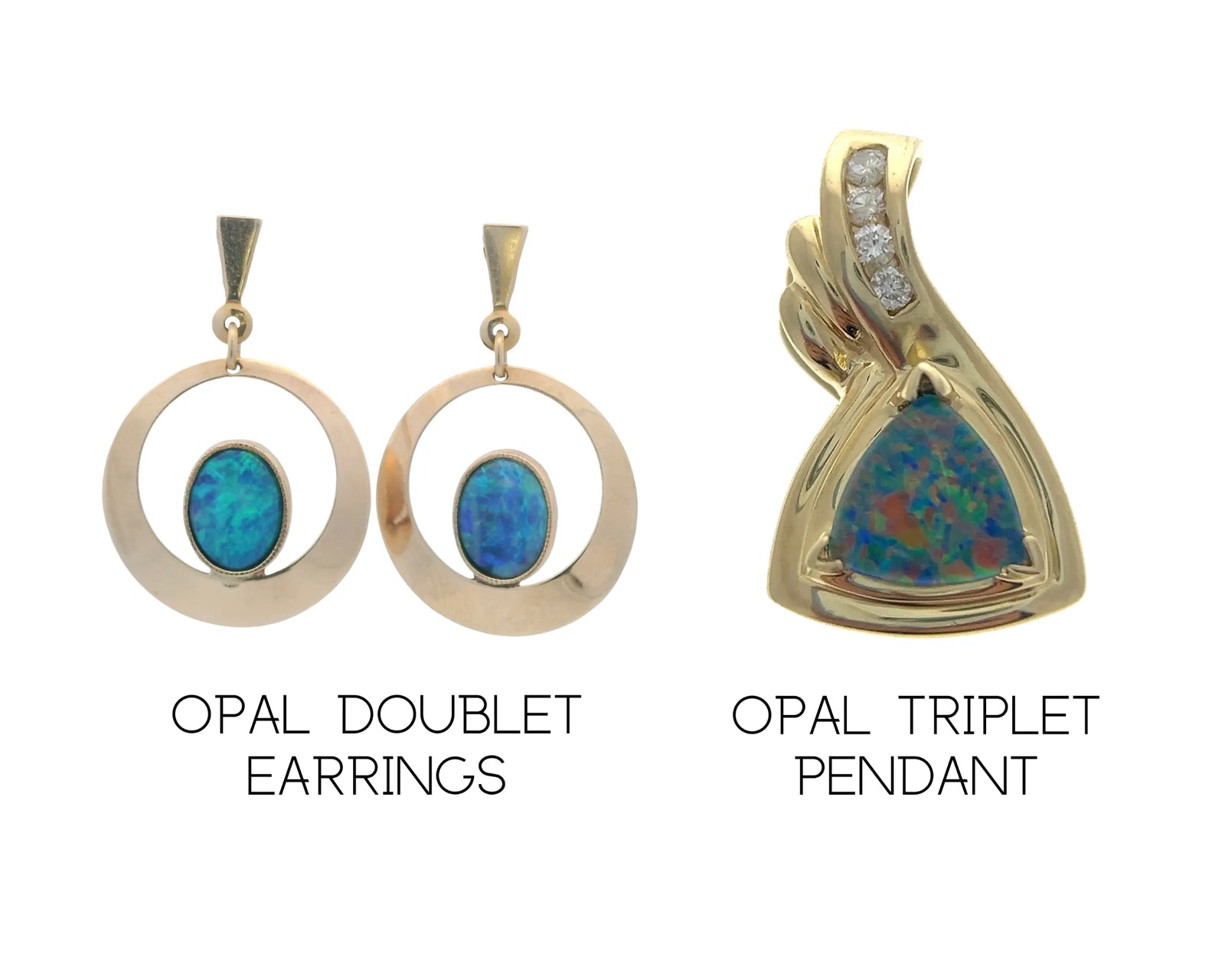 Opal doublet earrings and opal triplet pendant on a white background