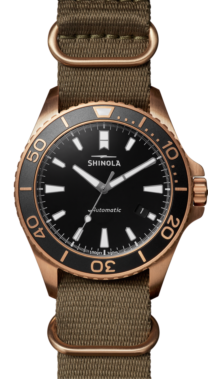 Shinola Monster 43mm Bronze Automatic Black Dial Dive Watch with Leather and Nylon Straps