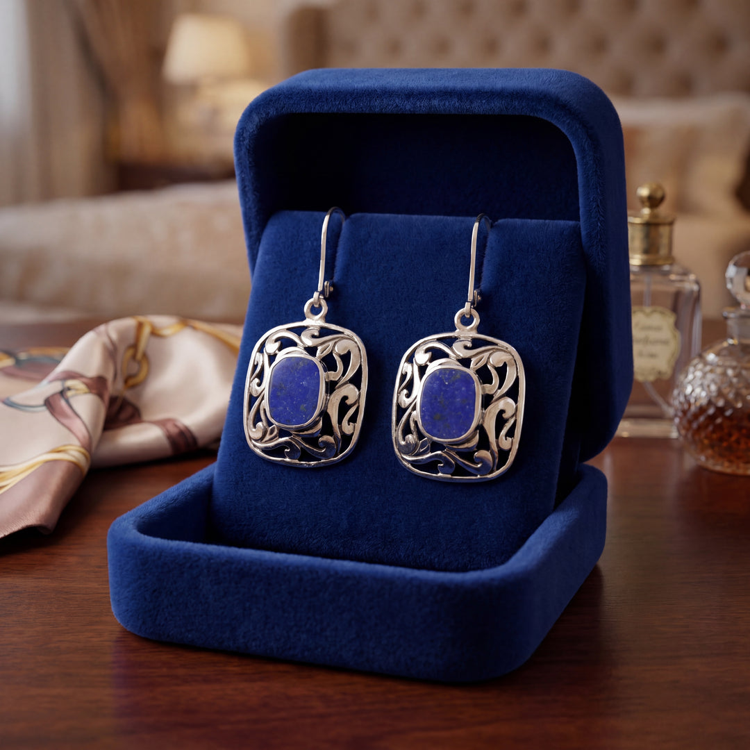 Estate Sterling Silver Cushion Lapis Lazuli Openwork Drop Earrings