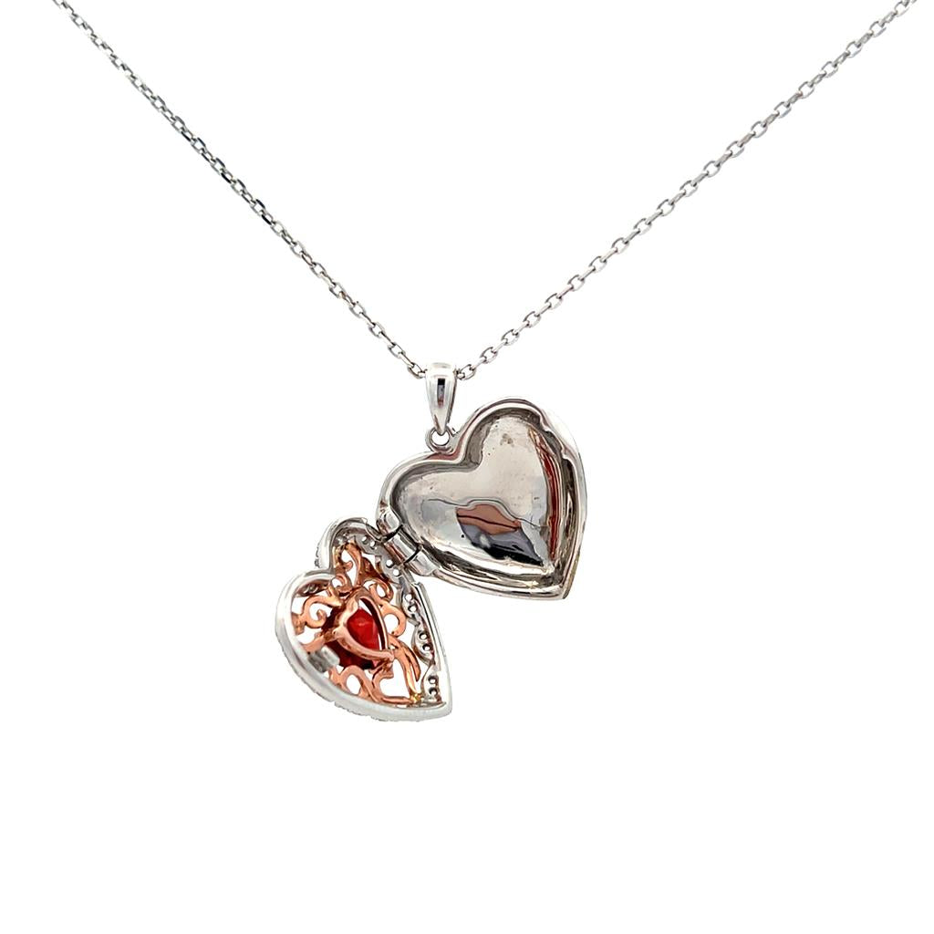 Estate 10K Rose & White Gold Garnet Heart Locket Necklace