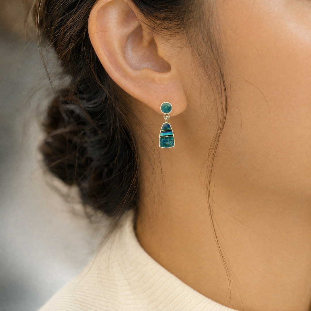 Estate Sterling Silver Multi Gemstone Inlay Drop Earrings