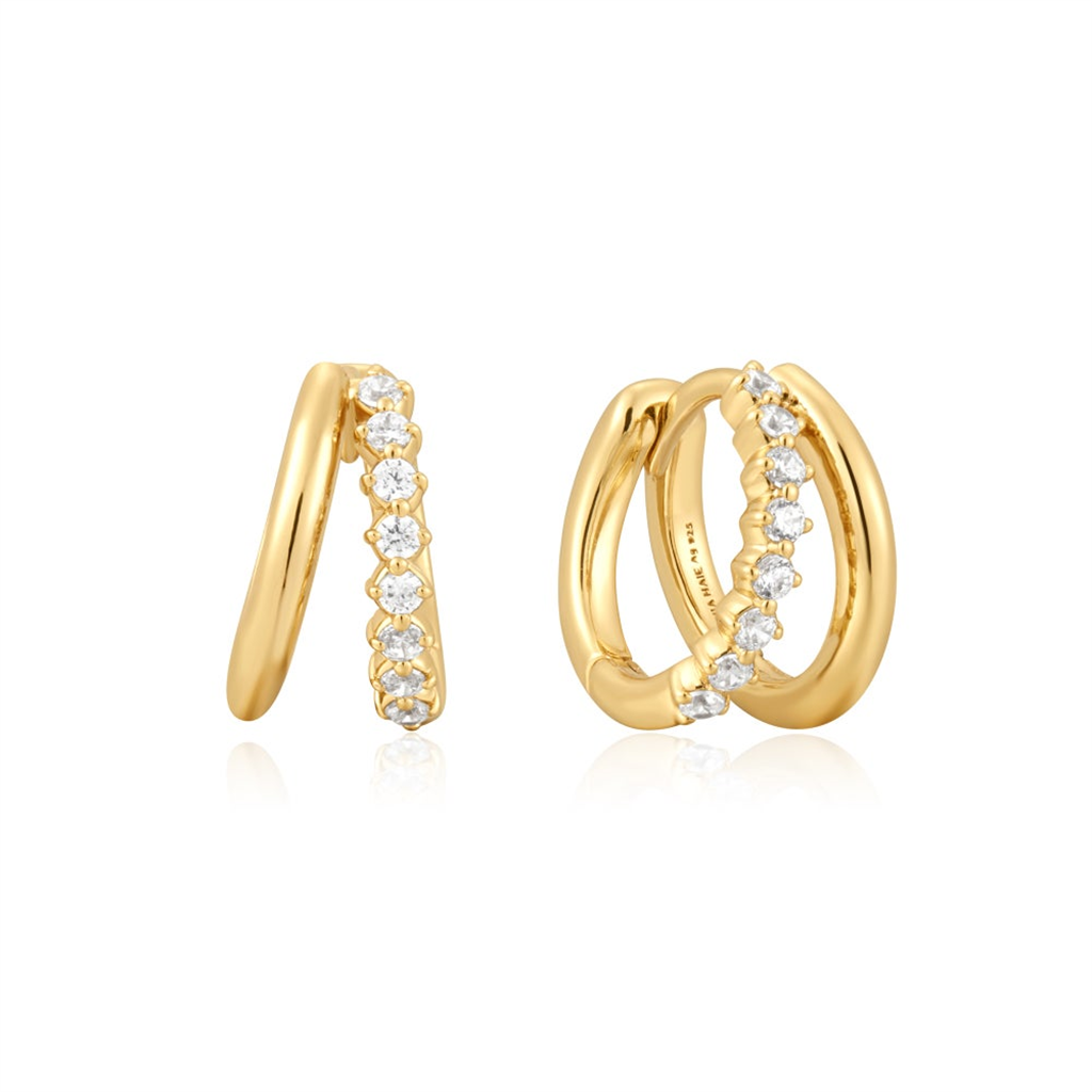 Gold Plated Cubic Zirconia Double Huggie Hoop Earrings by Ania Haie