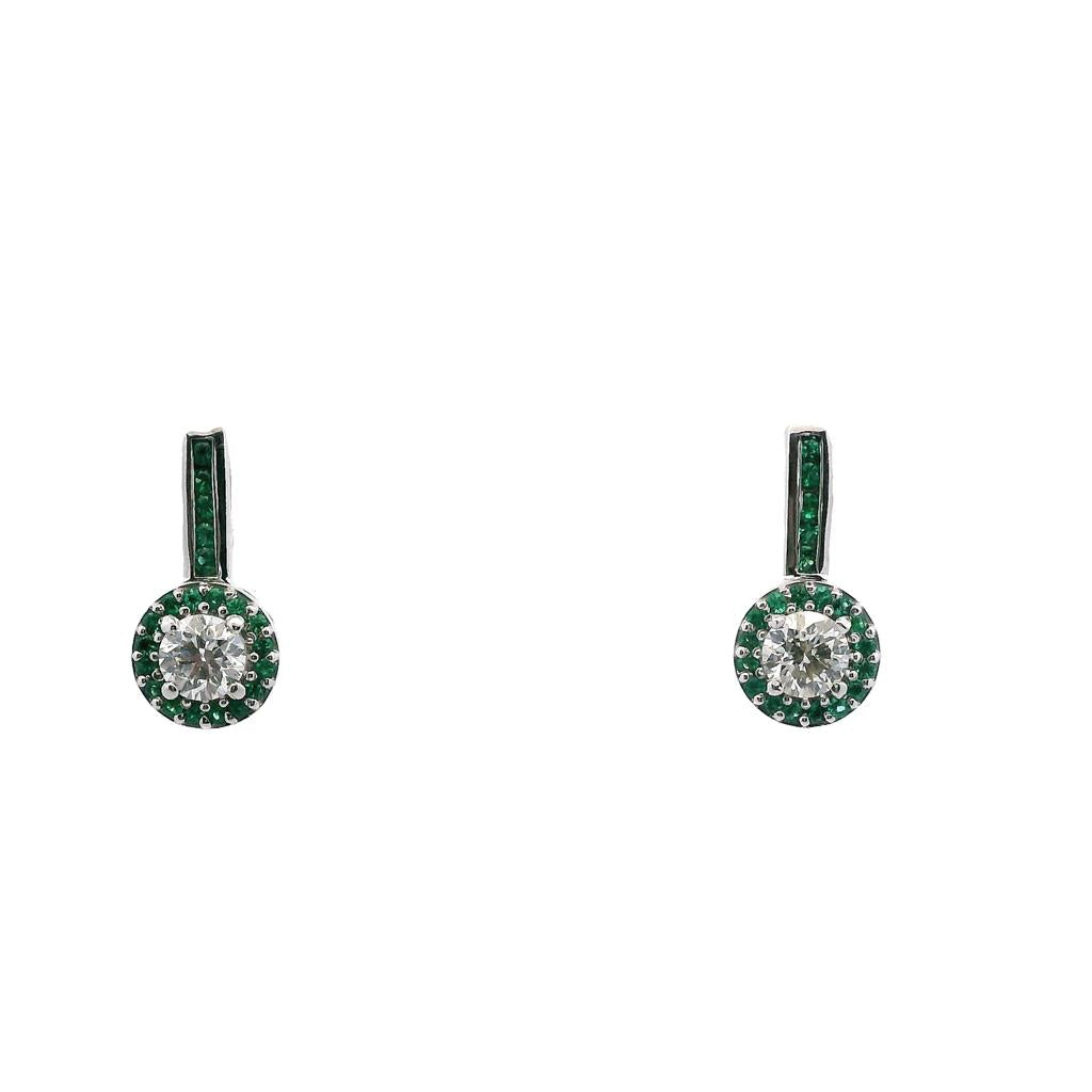 Estate 14K White Gold 1.33ctw Diamond & Emerald Halo Drop Earrings