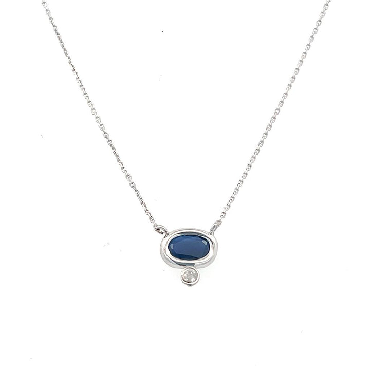 14K White Gold Oval Blue Sapphire and Diamond Necklace with 16-18" Adjustable Cable Chain