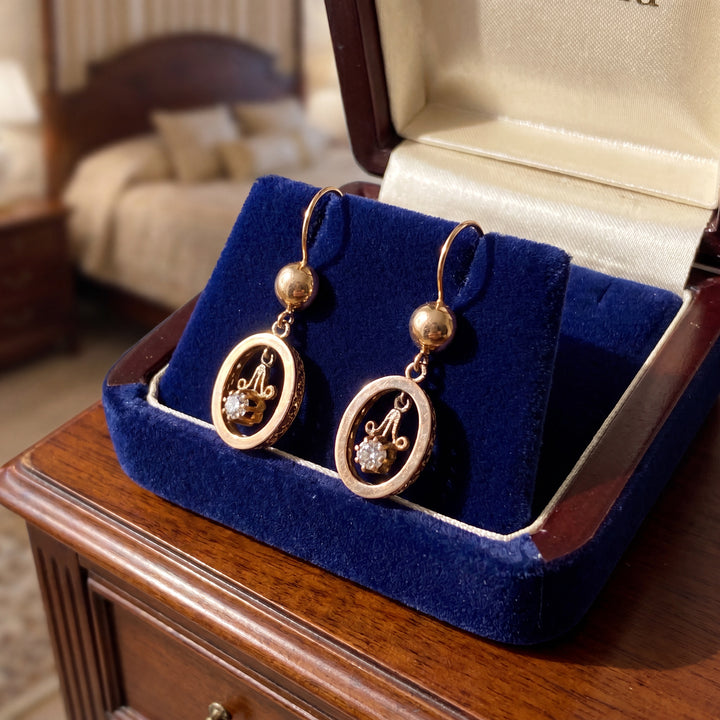 Estate 14K Yellow Gold & Gold Filled Diamond Open Oval Vintage Drop Earrings