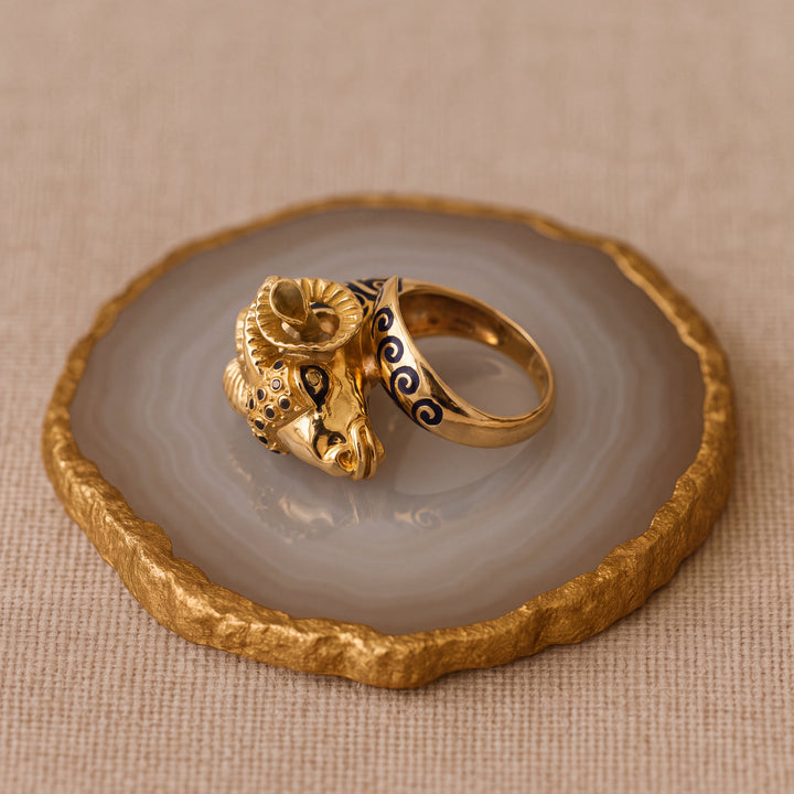Estate Circa 1960s-1970s 18K Yellow Gold Blue Enamel Ram's Head Bypass Ring