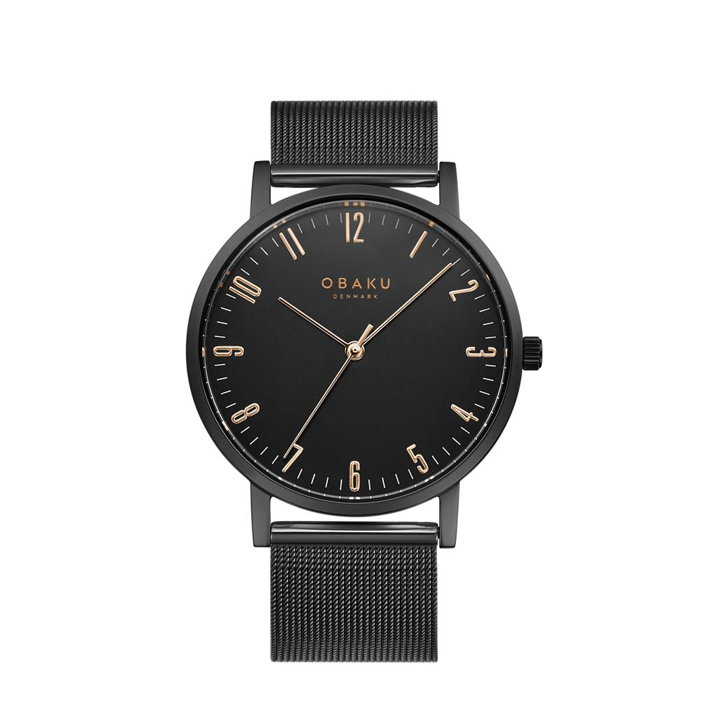Obaku Brink Men's Black Dial Mesh Watch with Rose Gold Accents