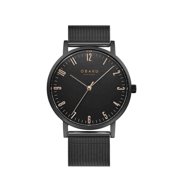 Obaku Brink Men's Black Dial Mesh Watch with Rose Gold Accents