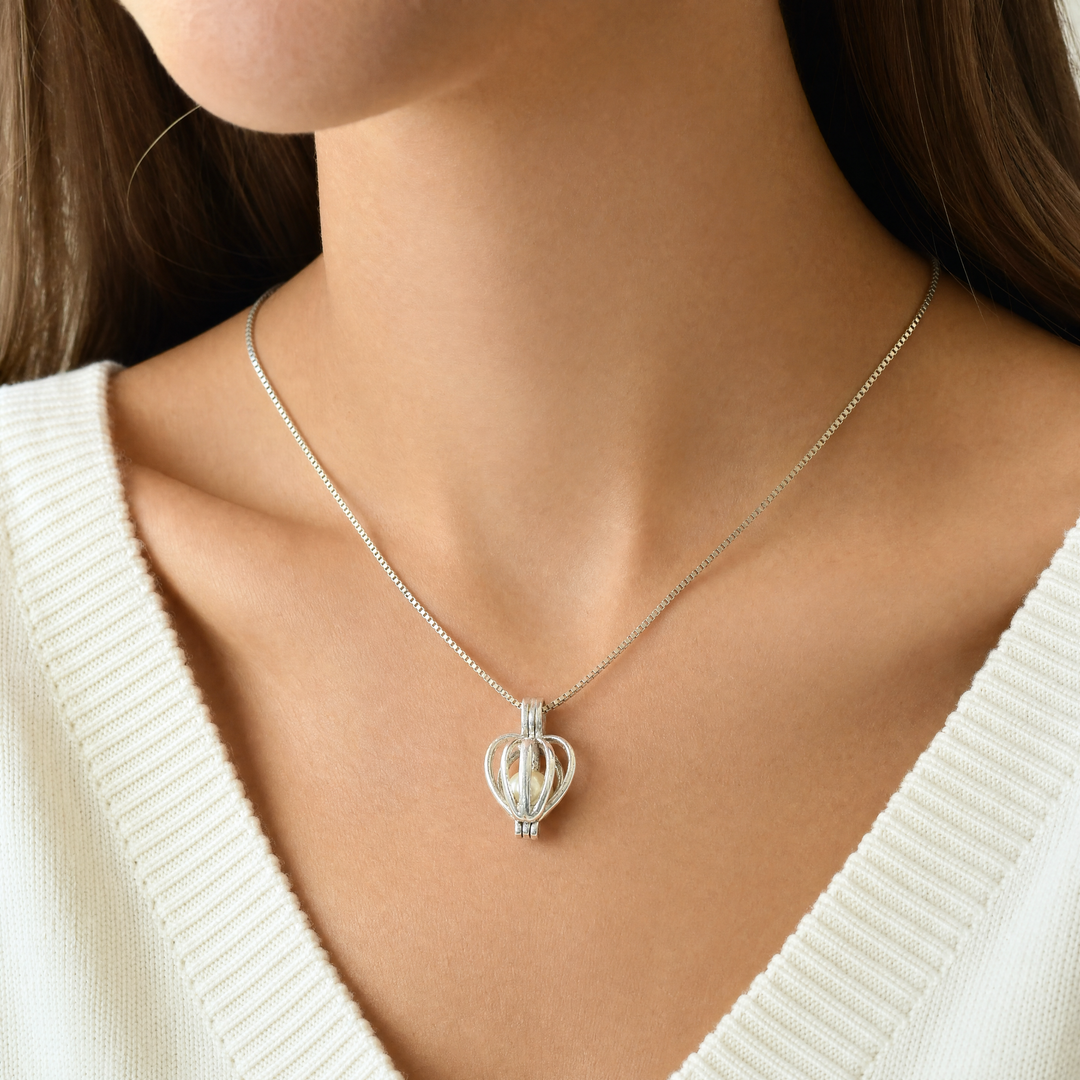 Estate Sterling Silver Round Pearl Heart Cage Pendant Necklace