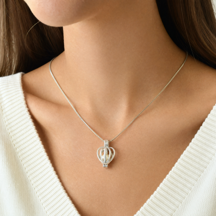 Estate Sterling Silver Round Pearl Heart Cage Pendant Necklace