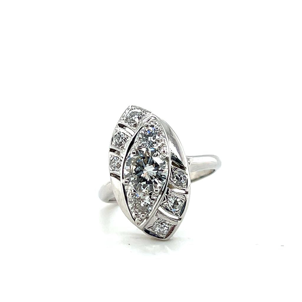Estate 14K White Gold Art Deco Navette Diamond Ring - 1.33 CTW 1950's Vintage