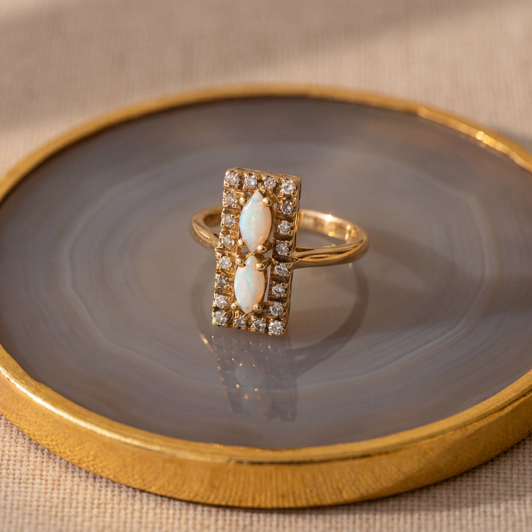 Estate 14K Yellow Gold Marquise Opal & Diamond Rectangular Halo Ring