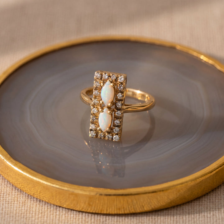 Estate 14K Yellow Gold Marquise Opal & Diamond Rectangular Halo Ring