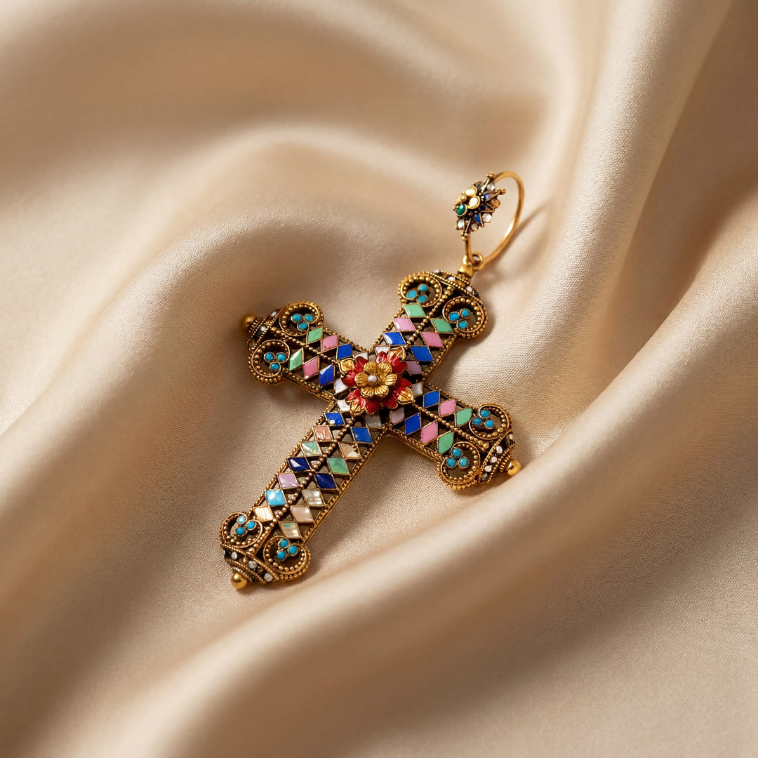 Estate Gold-Filled Multi-Color Enamel Indian Cross Pendant
