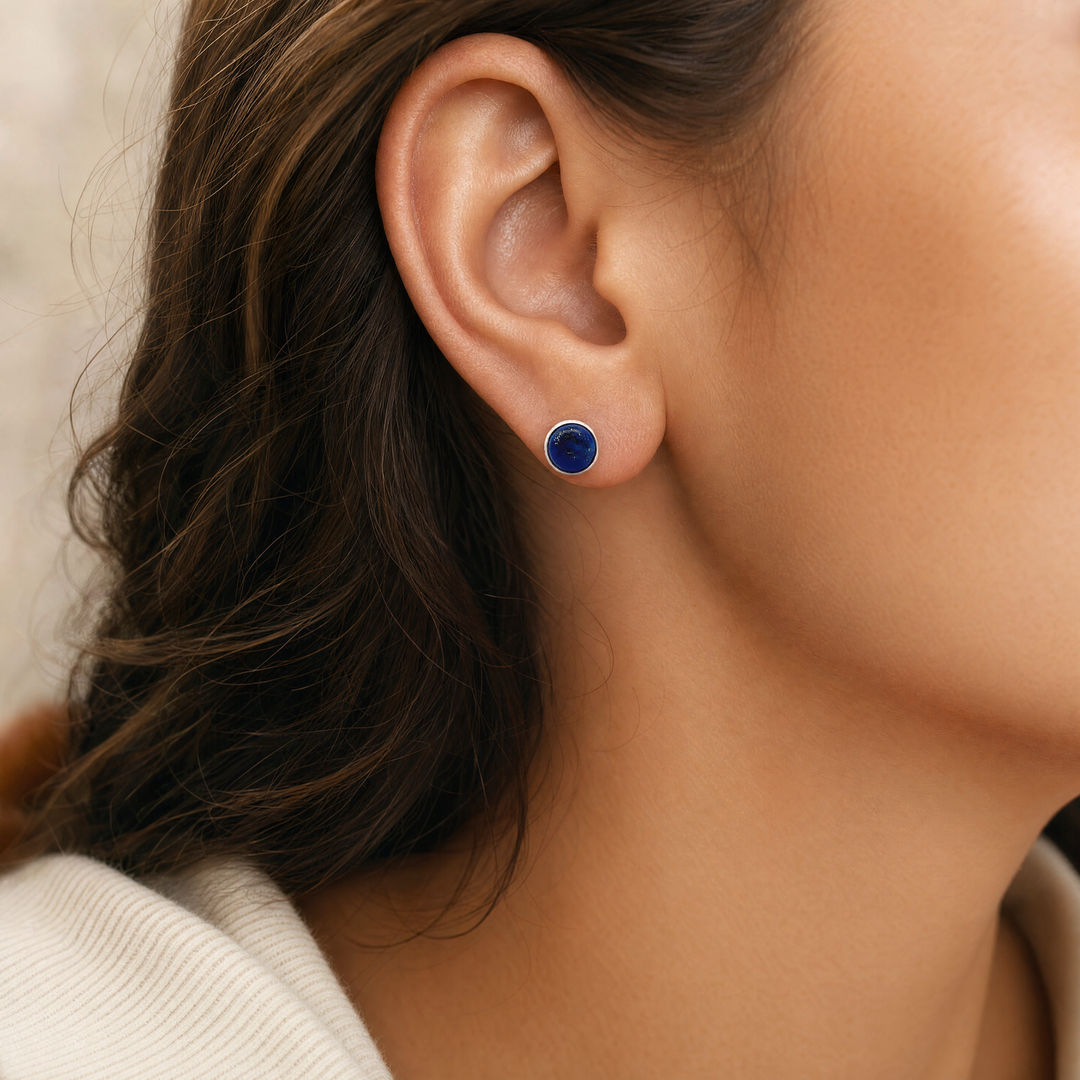 Estate Sterling Silver Round Cabochon Lapis Lazuli Bezel Stud Earrings