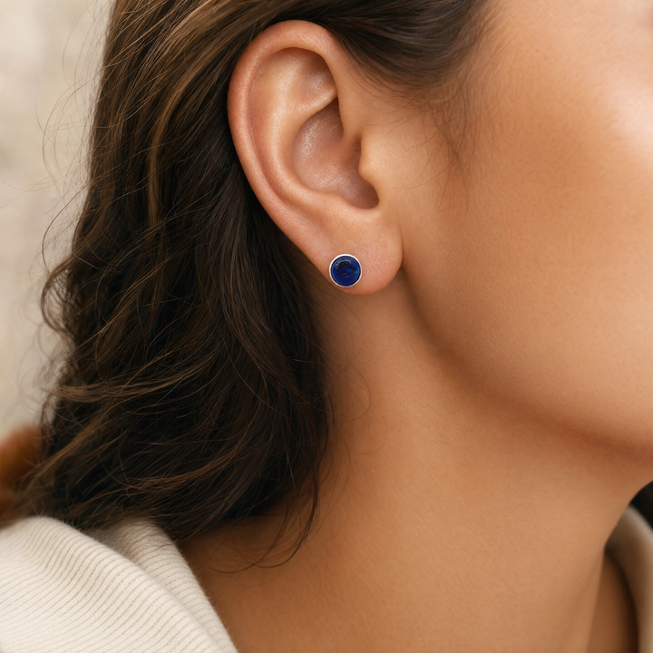 Estate Sterling Silver Round Cabochon Lapis Lazuli Bezel Stud Earrings