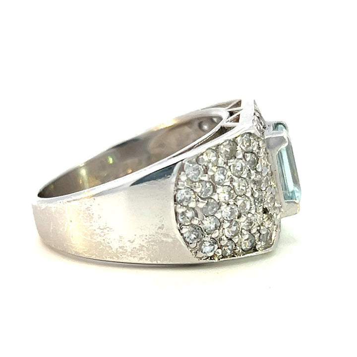 Estate Sterling Silver Emerald Cut Aquamarine & White Sapphire Wide Band