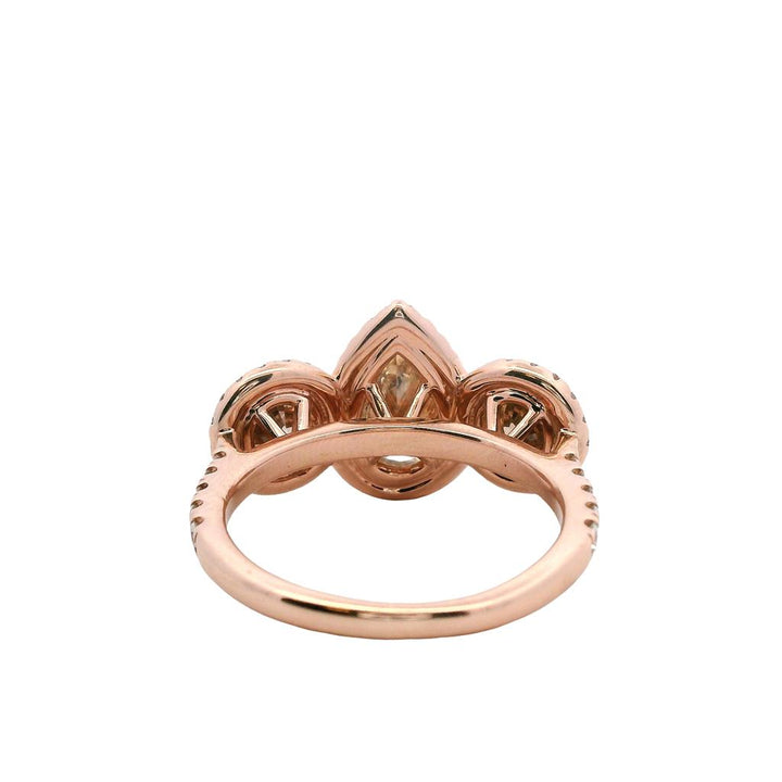 Estate 14K Rose Gold 3.24ctw Brown Diamond Three Stone Halo Engagement Ring