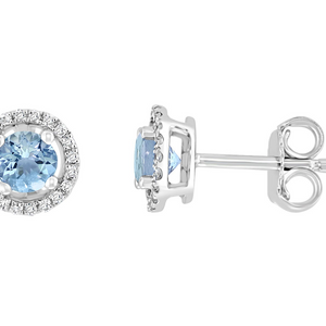 14K White Gold 0.53ctw Round Aquamarine & Diamond Halo Stud Earrings