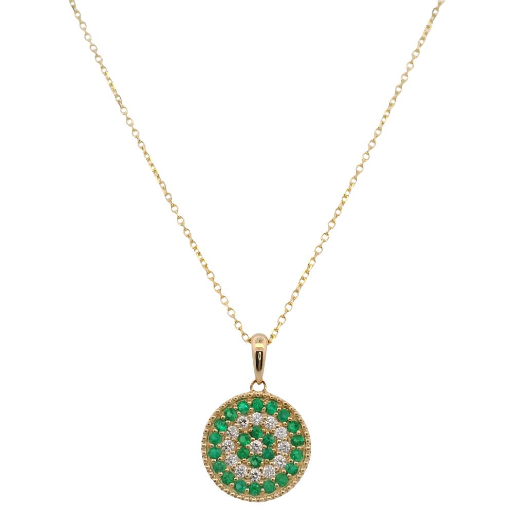 14K Yellow Gold Emerald Diamond Circular Pendant Necklace with Adjustable 18" Chain