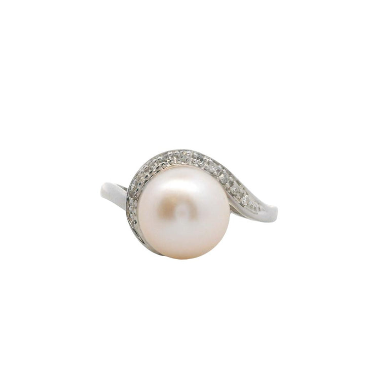 Estate 10K White Gold 9mm Freshwater Pearl & Diamond Bypass Ring