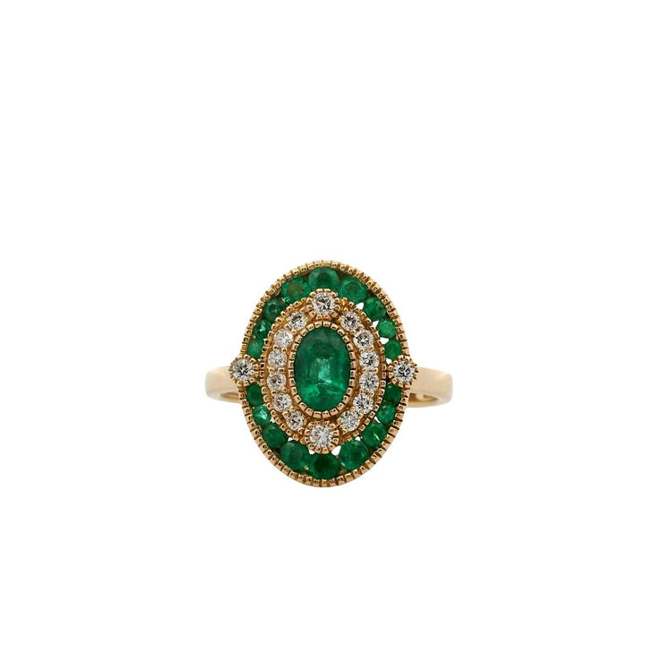 14K Yellow Gold Emerald Diamond Double Halo Ring