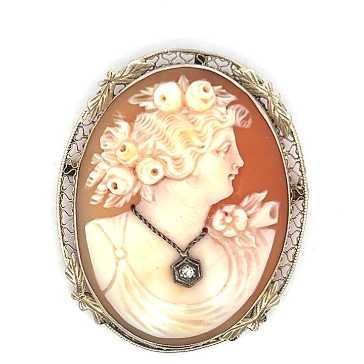 Estate 10K Yellow Gold Old European Cut Diamond Shell Cameo Brooch or Pendant