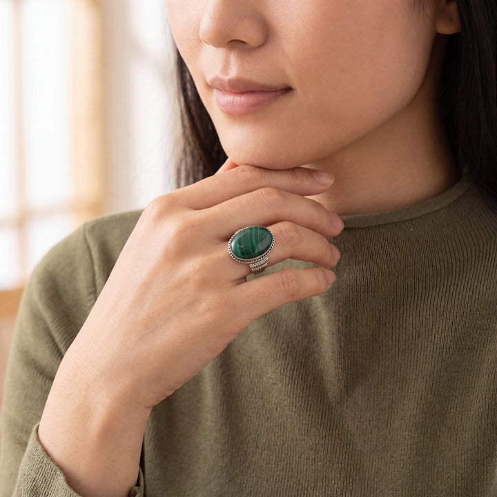 Estate Sterling Silver Oval Malachite Solitaire Ring