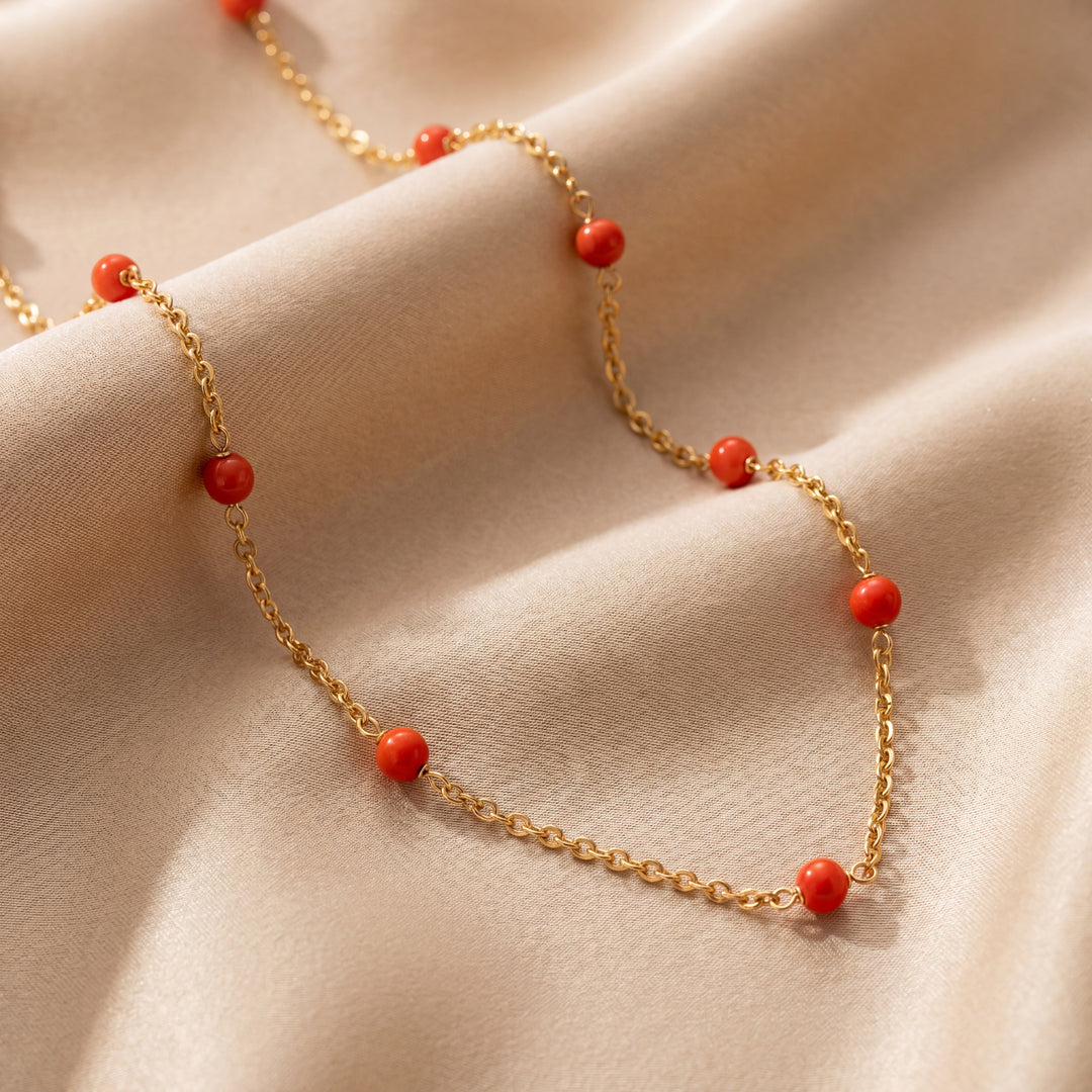 Estate 18K Yellow Gold Vintage Coral Station Necklace