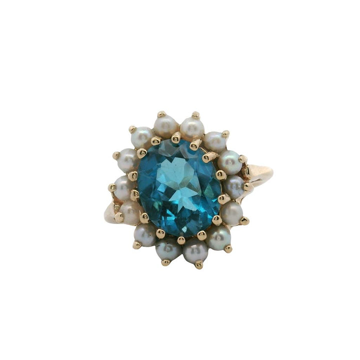 Estate 14K Yellow Gold Blue Topaz Pearl Halo Ring