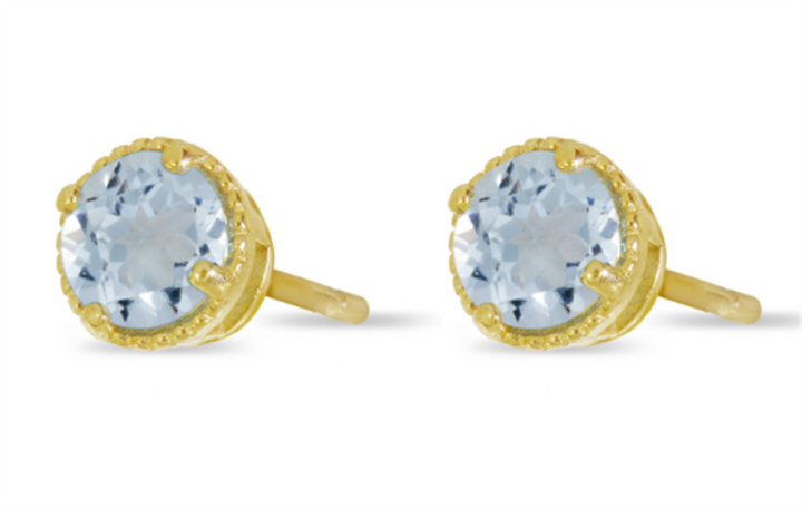 14K Yellow Gold 4mm Round Aquamarine Milgrain Stud Earrings